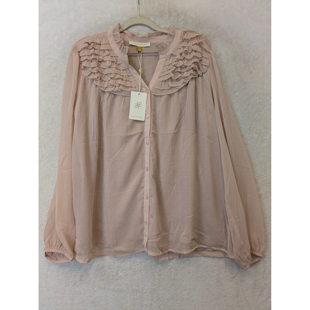 NEW Downeast Gianna Blouse‎ Women's XL Misty Rose Ruffle V-Neck Button Up